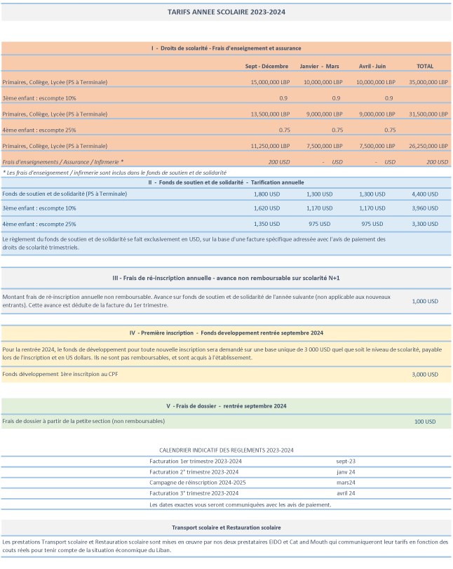 Grille tarifaire scolarités 2023-2024